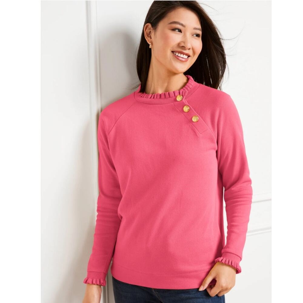 Talbots Pink Ruffle Neck Sweatshirt L 100% Cotton Button Detail Preppy Cozy Chic